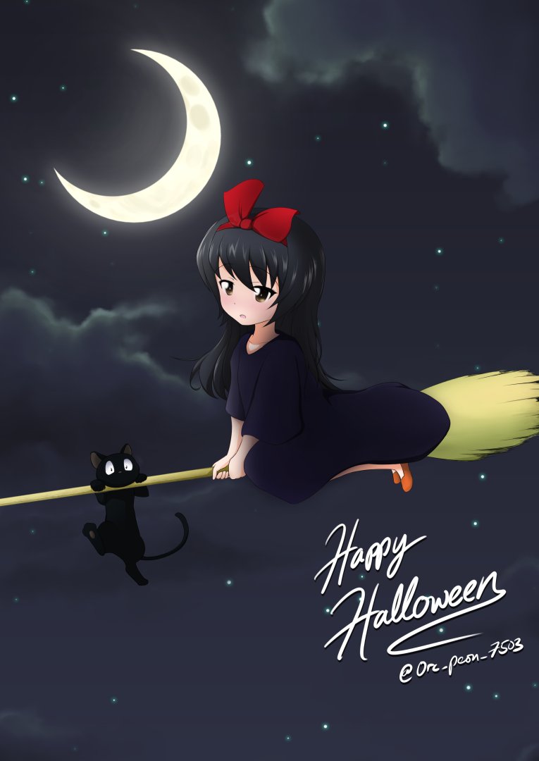1girl bangs black_cat black_dress black_hair black_sky broom broom_riding brown_eyes brown_footwear cat clouds cloudy_sky commentary cosplay cursive dress english_text flying girls_und_panzer hair_ribbon hairband halloween halloween_costume happy_halloween kiki kiki_(cosplay) long_dress long_hair majo_no_takkyuubin night night_sky open_mouth orc_peon_7503 outdoors red_ribbon reizei_mako ribbon shoes sky solo star_(sky) starry_sky twitter_username white_hairband