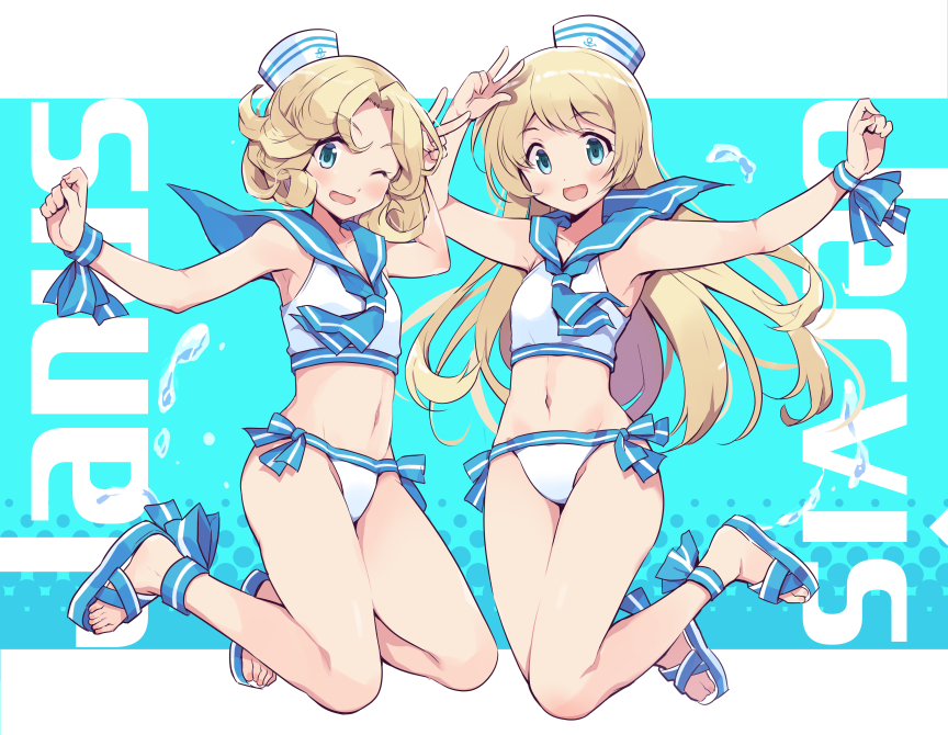 2girls :d alternate_costume anchor_symbol arm_up bare_legs bikini blonde_hair blue_eyes blue_sailor_collar blush bow bow_bikini collarbone dated dixie_cup_hat eyebrows_visible_through_hair flat_chest full_body groin hat idolmaster janus_(kantai_collection) jervis_(kantai_collection) kantai_collection long_hair looking_at_viewer military_hat multiple_girls navel odawara_hakone one_eye_closed open_mouth outstretched_arm sailor_bikini sailor_collar sailor_hat sailor_swimsuit_(idolmaster) sandals short_hair simple_background smile swimsuit toes twitter_username v water water_drop white_background white_headwear