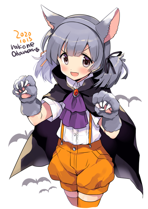 1girl :d animal_ears black_cape blush buttons cape collared_shirt cropped_legs dated eyebrows_visible_through_hair fake_animal_ears fang grey_eyes grey_hair halloween halloween_costume kantai_collection odawara_hakone ooshio_(kantai_collection) open_mouth orange_shorts paws shirt short_hair short_sleeves shorts simple_background skin_fang smile solo twintails twitter_username v-shaped_eyebrows white_background white_shirt wolf_ears wolf_paws