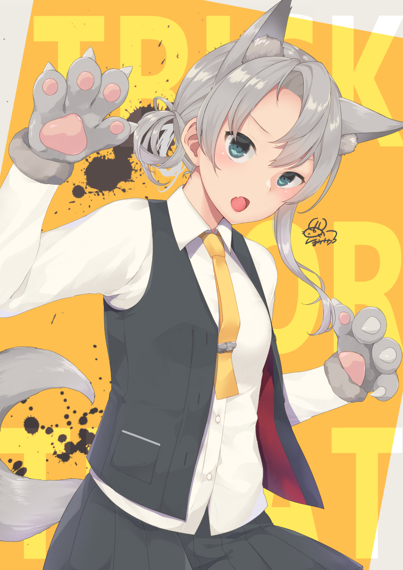 1girl adapted_costume alternate_sleeve_length animal_ears asymmetrical_hair background_text bangs black_skirt black_vest commentary_request dress_shirt fang flipped_hair gloves grey_eyes kantai_collection long_hair long_sleeves necktie nowaki_(kantai_collection) open_mouth paw_gloves paws pleated_skirt shirt silver_hair skin_fang skirt solo swept_bangs tail trick_or_treat unoshima_kanaka vest white_shirt wolf_ears wolf_tail yellow_background yellow_neckwear