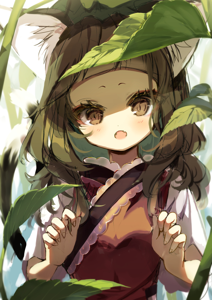 1girl :o animal_ear_fluff animal_ears bangs blush brown_eyes brown_hair cat_ears chen commentary fangs hansoku_tantei_satori long_hair looking_at_viewer open_mouth piyokichi revision short_sleeves solo touhou upper_body