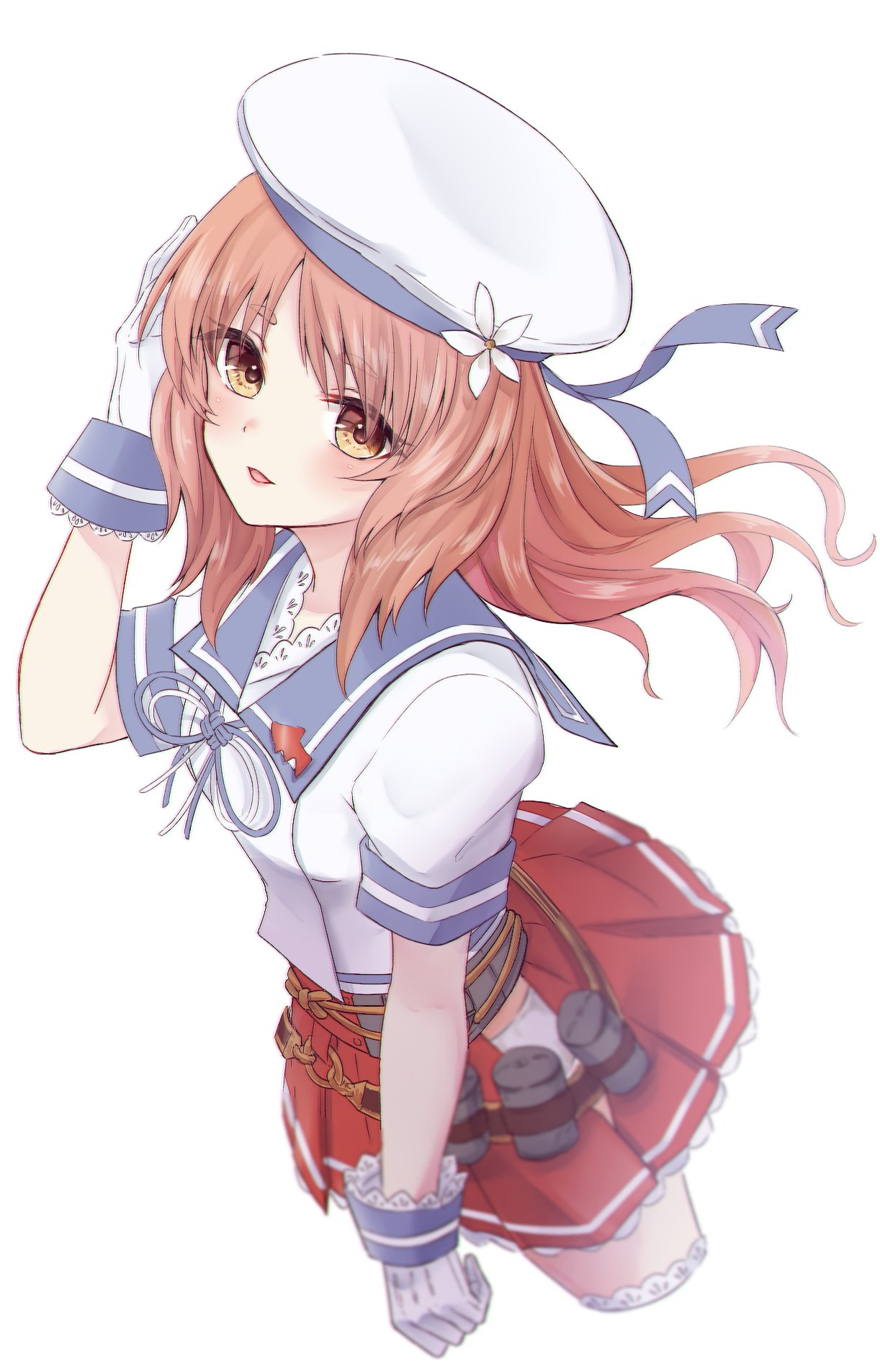 1girl aoyashio_rin bangs blue_sailor_collar blush cropped_legs flower gloves hair_flower hair_ornament hat highres hip_vent kantai_collection long_hair open_mouth panties red_skirt redhead sailor_collar sailor_hat short_sleeves simple_background skirt solo underwear white_background white_gloves white_headwear white_panties yashiro_(kantai_collection) yellow_eyes