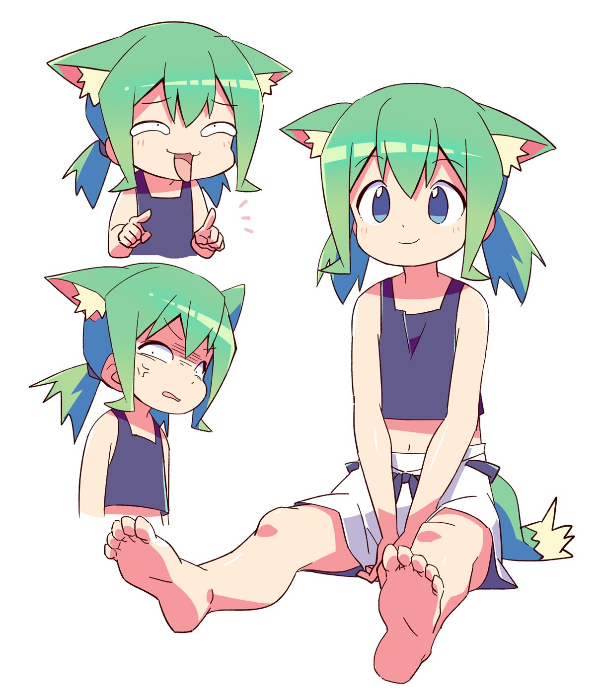 1girl anger_vein animal_ear_fluff animal_ears bangs barefoot blue_eyes blush closed_mouth commentary_request cropped_torso eyebrows_visible_through_hair green_hair hair_between_eyes highres looking_at_viewer low_twintails multiple_views open_mouth original parted_lips pointing purple_tank_top roku_no_hito shaded_face short_shorts short_twintails shorts simple_background sitting smile soles tail tank_top twintails v-shaped_eyebrows white_background white_shorts