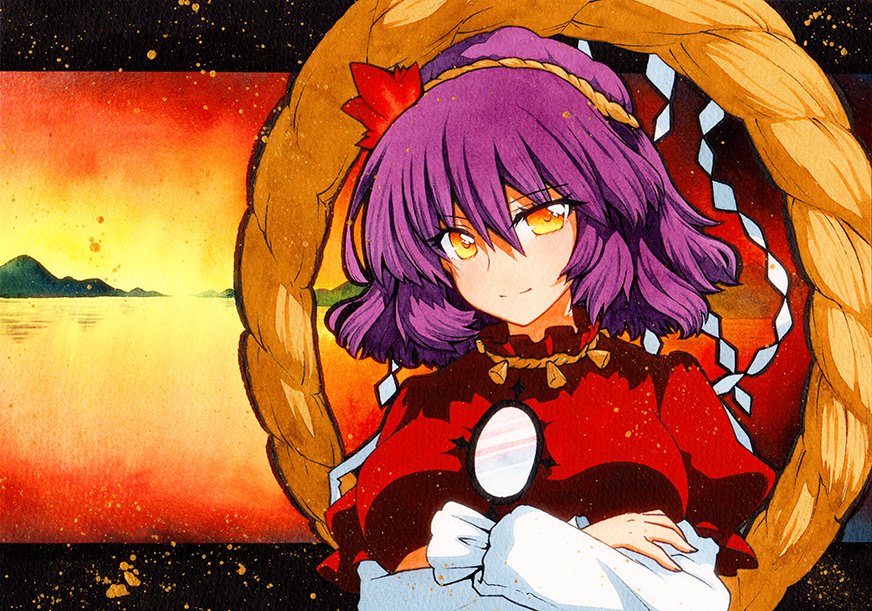 1girl autumn_leaves bangs crossed_arms hair_ornament hill lake leaf_hair_ornament long_sleeves mirror nail_polish puffy_short_sleeves puffy_sleeves purple_hair qqqrinkappp red_eyes red_shirt rope shimenawa shirt short_hair short_over_long_sleeves short_sleeves smile sunset touhou traditional_media white_sleeves yasaka_kanako