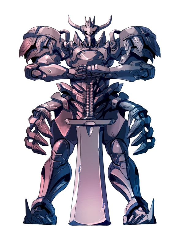 black_eyes fantasy holding holding_sword holding_weapon horns looking_at_viewer mecha no_humans original solo standing sword taedu weapon white_background