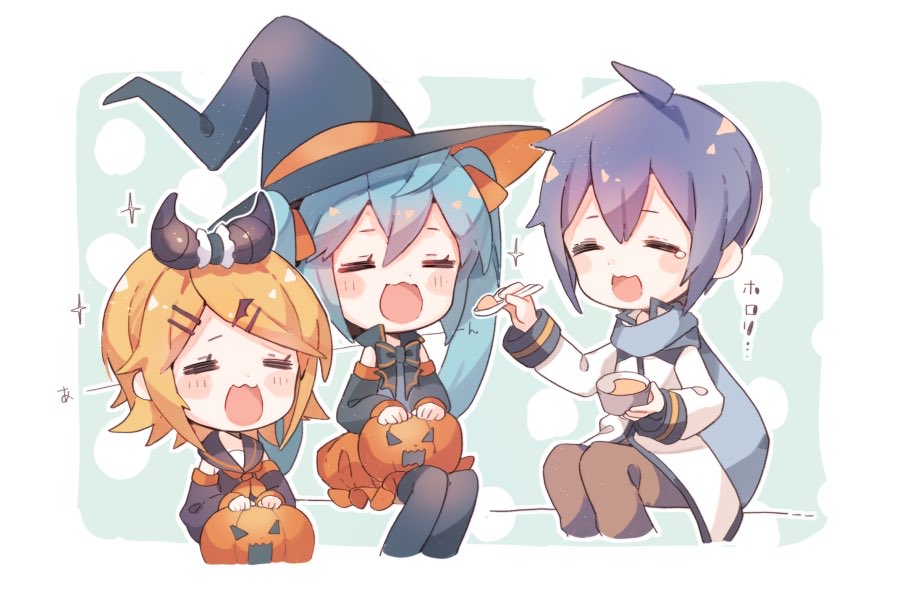 1boy 2girls aqua_hair bangs black_collar black_headwear black_legwear black_sleeves blonde_hair blue_hair blue_scarf bubble_skirt chibi coat collar commentary cup detached_sleeves feeding hair_ornament hairclip halloween halloween_basket halloween_costume hat hatsune_miku holding holding_cup horns ice_cream_cup kagamine_rin kaito long_hair multiple_girls niwako open_mouth orange_skirt sailor_collar scarf short_hair sitting skirt sparkle swept_bangs tears thigh-highs trick_or_treat twintails very_long_hair vocaloid white_coat witch_hat