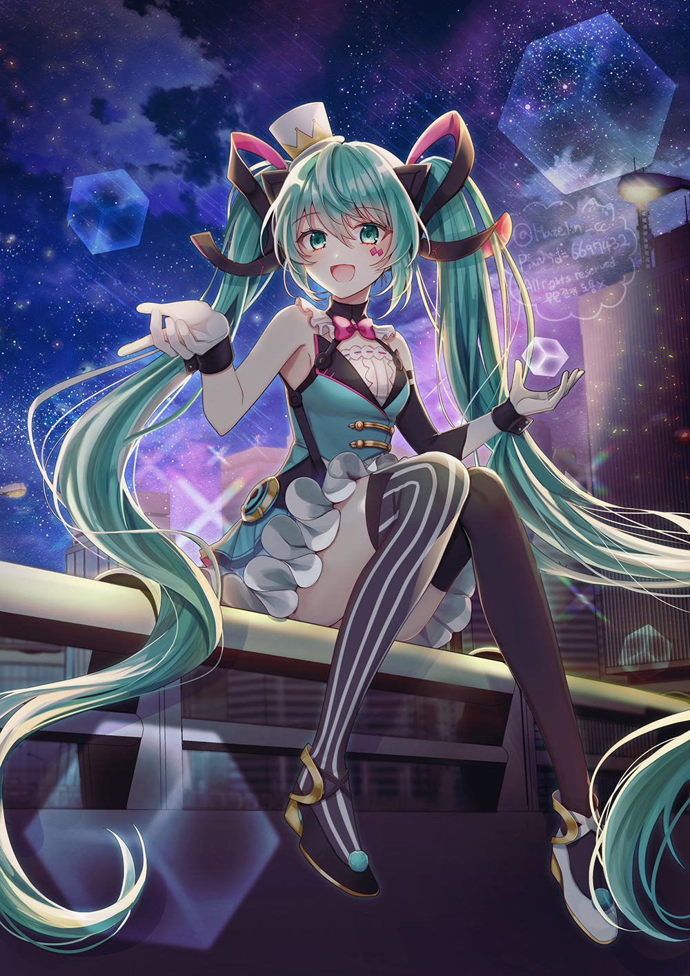 1girl 723/nanahumi :d bangs bare_shoulders black_footwear black_legwear black_sleeves blue_dress blush bow commentary_request cube detached_sleeves dress eyebrows_visible_through_hair facial_mark frilled_skirt frills gloves green_eyes green_hair hair_between_eyes hat hatsune_miku highres long_hair long_sleeves magical_mirai_(vocaloid) mini_hat mini_top_hat mismatched_legwear open_mouth pixiv_id red_bow shoes single_detached_sleeve sitting skirt smile solo striped striped_legwear tilted_headwear top_hat twintails twitter_username vertical-striped_legwear vertical_stripes very_long_hair vocaloid white_footwear white_gloves white_headwear