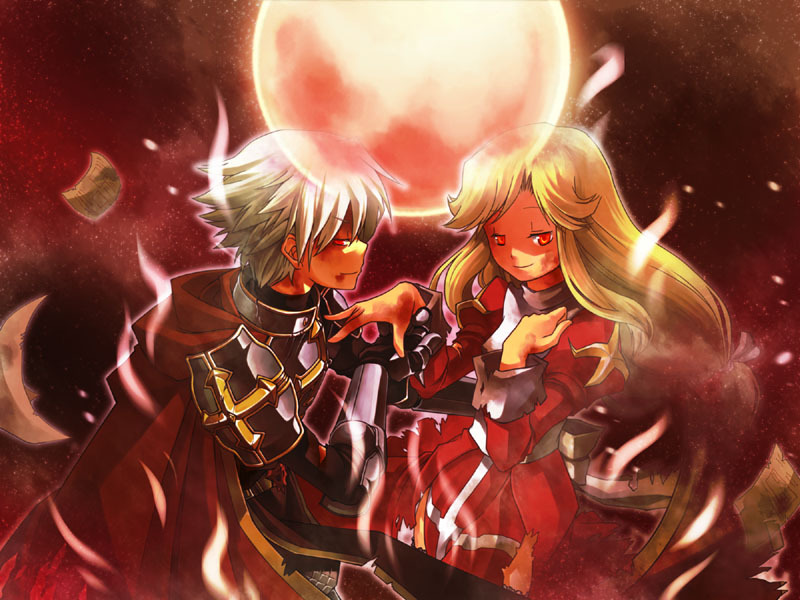 1boy 1girl arm_around_waist armor bad_id bad_pixiv_id bangs belt bio_lab black_gloves blonde_hair blood blood_on_face bloody_clothes bloody_hands blush breastplate cape closed_mouth couple cowboy_shot dress evil_smile eyebrows_visible_through_hair gauntlets gloves hair_between_eyes hair_ribbon half-closed_eyes hetero high_priest_(ragnarok_online) holding_hands ikeya_(higumake) juliet_sleeves long_hair long_sleeves looking_at_viewer lord_knight_(ragnarok_online) low-tied_long_hair margaretha_solin moon paper parted_bangs pauldrons pink_ribbon puffy_sleeves ragnarok_online red_cape red_dress red_eyes red_theme ribbon sash seyren_windsor short_hair shoulder_armor sky smile star_(sky) starry_sky thigh-highs third-party_source two-tone_dress white_dress white_hair white_legwear white_sash