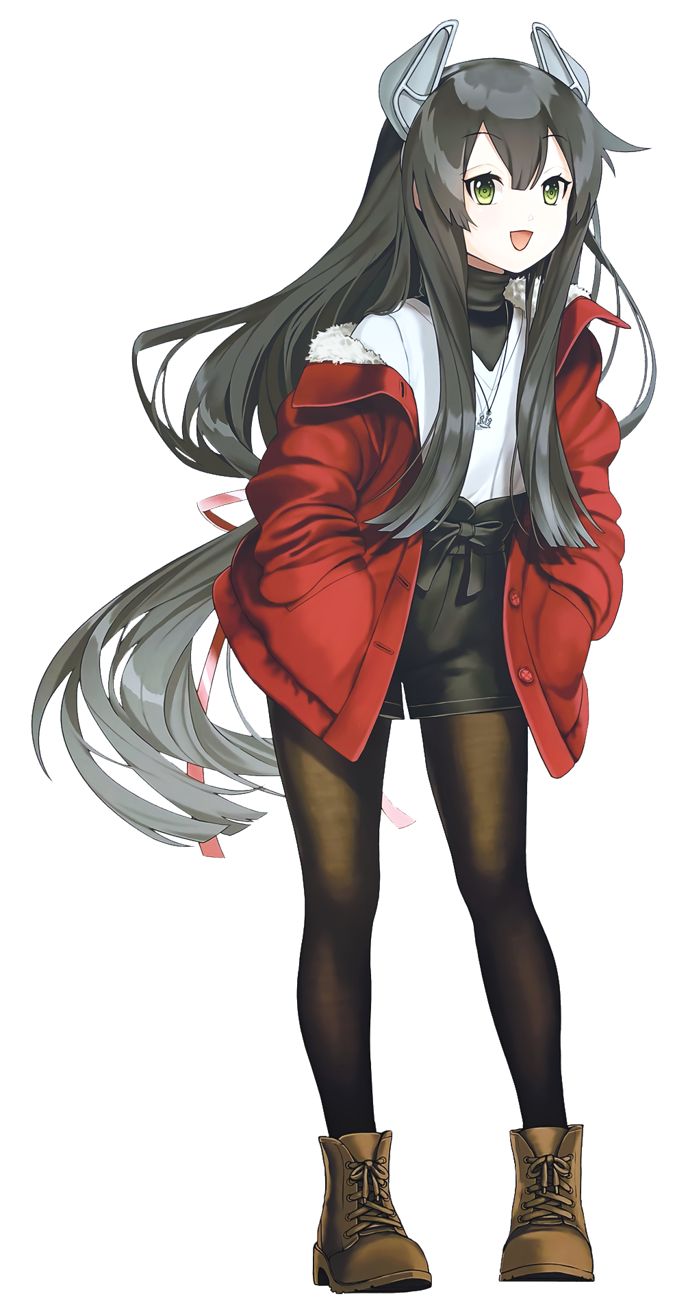 1girl alternate_costume bangs black_hair black_legwear black_skirt boots brown_footwear eyebrows_visible_through_hair fur-trimmed_jacket fur_trim green_eyes hair_between_eyes hands_in_pockets headgear high-waist_skirt highres i-47_(kantai_collection) jacket jewelry kantai_collection long_hair necklace off_shoulder official_art open_mouth pantyhose red_jacket shirt sidelocks skirt solo standing transparent_background turtleneck undershirt white_shirt