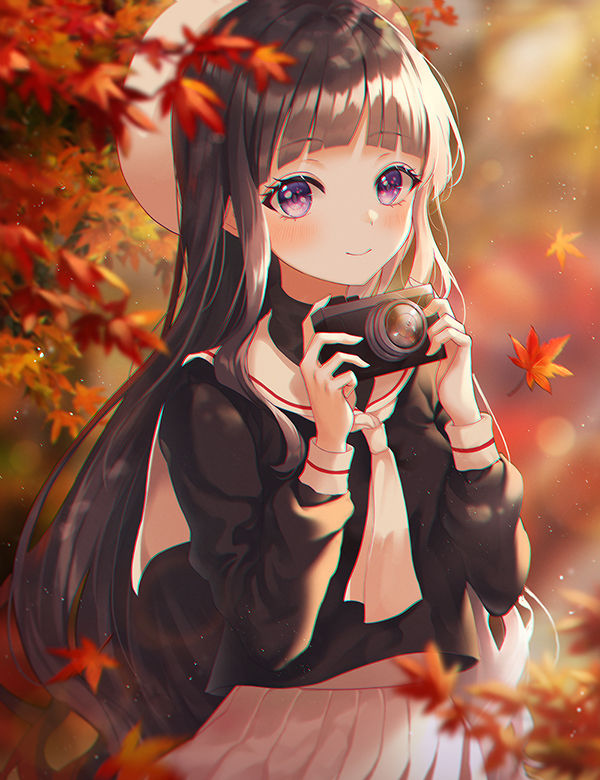 1girl autumn autumn_leaves bangs black_shirt blunt_bangs blurry blurry_foreground blush brown_hair camera cardcaptor_sakura closed_mouth commentary_request daidouji_tomoyo depth_of_field eyebrows_visible_through_hair falling_leaves floating_hair hands_up heeri holding holding_camera leaf long_hair long_sleeves looking_at_viewer maple_leaf neckerchief outdoors pleated_skirt sailor_collar shirt skirt smile solo violet_eyes white_headwear