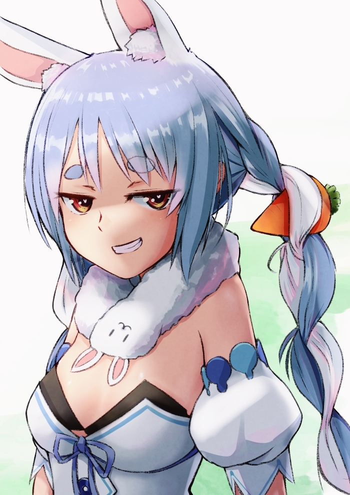1girl :d animal_ear_fluff animal_ears bangs bare_shoulders blue_hair braid breasts brown_eyes bunny_girl carrot_hair_ornament commentary detached_sleeves don-chan_(usada_pekora) extra_ears eyebrows_visible_through_hair food_themed_hair_ornament gradient gradient_background green_background grin hair_ornament hololive hololive_fantasy jitome leotard long_hair looking_at_viewer medium_breasts multicolored_hair naughty_face open_mouth puffy_sleeves rabbit_ears rabbit_girl samohan scarf smile smug solo thick_eyebrows twin_braids two-tone_hair upper_body usada_pekora virtual_youtuber white_background white_hair