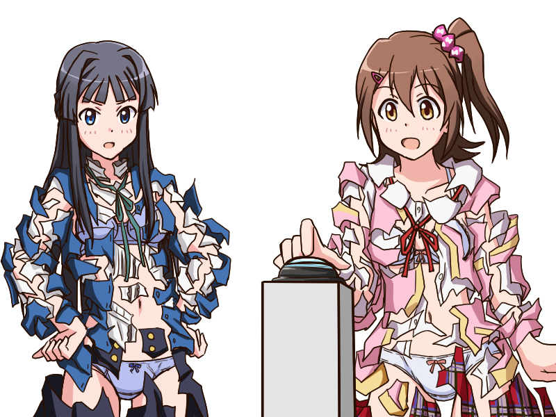 2girls bangs black_eyes black_hair black_skirt blue_bra blue_panties blue_shirt blunt_bangs bow bow_bra bow_panties bra brown_eyes brown_hair commentary crotch_seam exploding_clothes green_neckwear hair_ornament hair_scrunchie hairclip hands_on_hips idolmaster idolmaster_million_live! kasuga_mirai lace-trimmed_bra lace_trim lielos light_frown long_hair long_sleeves looking_at_viewer medium_hair mogami_shizuka multiple_girls neck_ribbon one_side_up open_mouth panties pink_shirt pressing purple_scrunchie pushbutton red_neckwear red_skirt ribbon scrunchie shirt simple_background skirt standing straight_hair torn_clothes torn_shirt torn_skirt underwear white_background white_bra white_panties