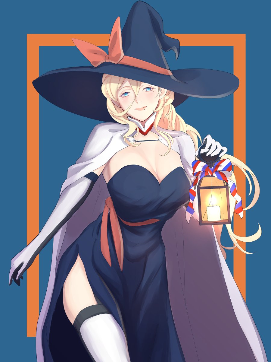 1girl alternate_costume black_dress black_headwear blonde_hair blue_background blue_eyes breasts candle cape commentary_request cowboy_shot dress elbow_gloves gloves hair_between_eyes hat highres kantai_collection lantern large_breasts long_hair looking_at_viewer mole mole_under_eye mole_under_mouth multicolored multicolored_clothes multicolored_gloves richelieu_(kantai_collection) shingyou_(alexander-13) solo strapless strapless_dress thigh-highs two-tone_gloves two-tone_legwear white_cape witch_hat