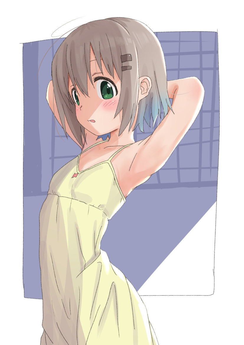 1girl armpits arms_behind_back arms_up commentary_request dress green_eyes grey_hair hair_ornament hairclip indoors kohshibasaki looking_at_viewer nightgown shade short_hair sleeveless sleeveless_dress solo spaghetti_strap yama_no_susume yellow_dress yukimura_aoi