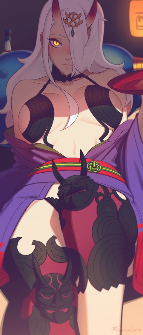1girl andrea_vaeyl breasts commentary cosplay cup fate/grand_order fate_(series) hair_over_one_eye horns japanese_clothes kimono large_breasts long_hair looking_at_viewer obi off_shoulder oni_horns open_clothes open_kimono original purple_kimono razalor reclining revealing_clothes sakazuki sash shuten_douji_(fate/grand_order) shuten_douji_(fate/grand_order)_(cosplay) skin-covered_horns solo white_hair yellow_eyes