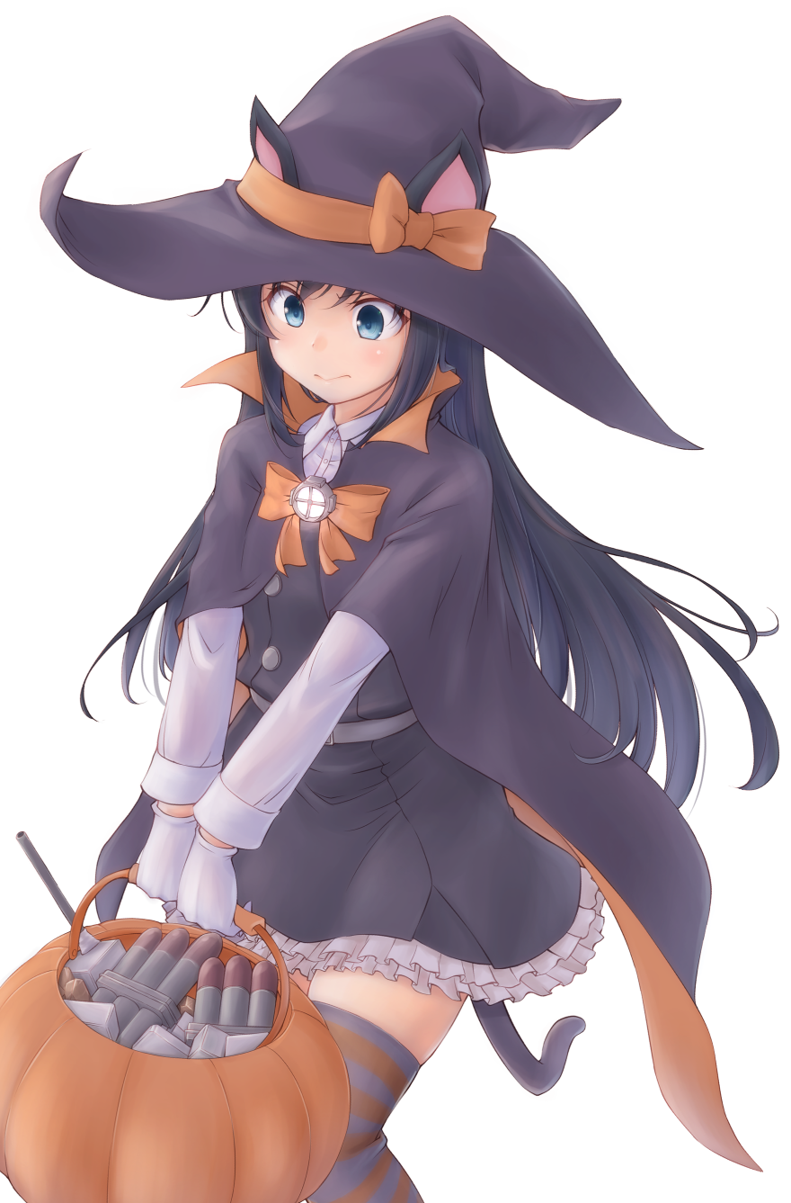 1girl adapted_costume animal_ears asashio_(kantai_collection) black_hair black_headwear blue_eyes cat_ears cat_tail commentary_request cowboy_shot dress gloves halloween_basket hat highres kantai_collection long_hair long_sleeves meihemu pinafore_dress pumpkin remodel_(kantai_collection) shirt simple_background solo standing striped striped_legwear tail thigh-highs torpedo white_background white_gloves white_shirt witch_hat