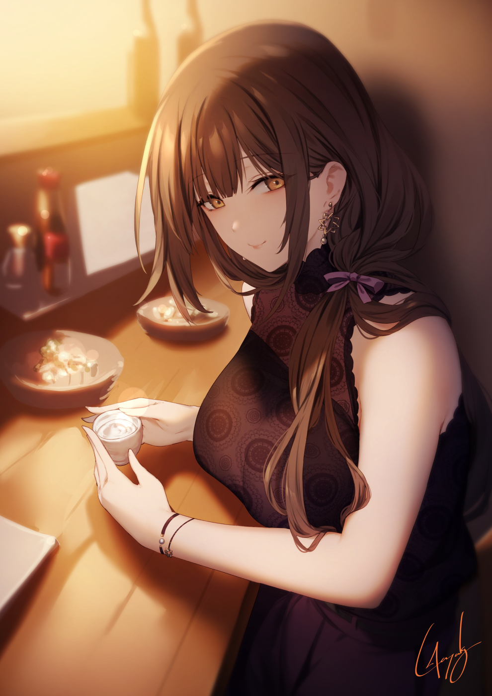 1girl bangs black_shirt bowl bracelet breasts brown_eyes brown_hair cup earrings eyebrows_visible_through_hair food genyaky hair_over_shoulder highres idolmaster idolmaster_shiny_colors indoors jewelry kuwayama_chiyuki large_breasts long_hair low-tied_long_hair restaurant shirt signature sitting sleeveless sleeveless_shirt smile table