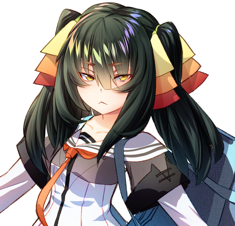 1girl :&lt; bag bangs black_hair closed_mouth cluseller collarbone commentary_request cropped flat_chest hair_ribbon half-closed_eyes long_hair long_sleeves looking_away looking_to_the_side neckerchief orange_neckwear original ribbon school_uniform shiny shiny_hair shirt short_over_long_sleeves short_sleeves shoulder_bag simple_background solo tied_hair twintails upper_body white_background white_shirt yellow_eyes