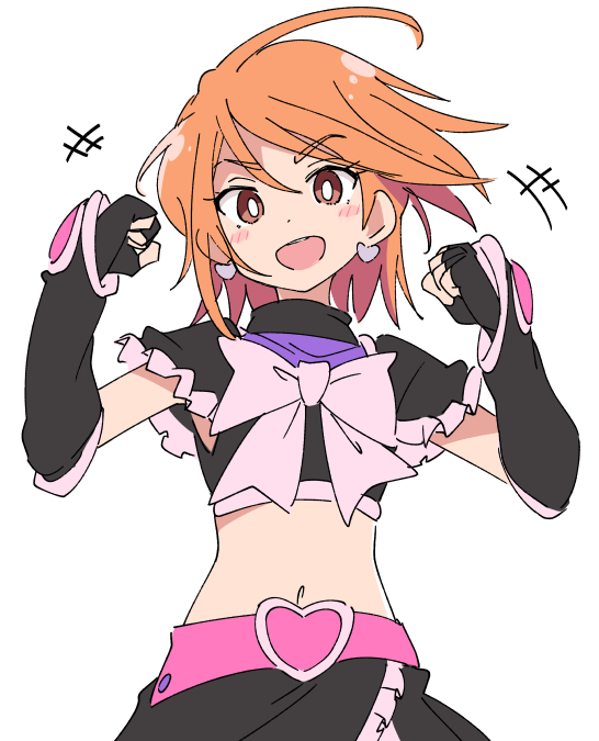 1girl :d black_gloves blush_stickers brown_eyes clenched_hands commentary_request cure_black earrings fingerless_gloves futari_wa_precure gloves heart heart_earrings ixy jewelry magical_girl midriff misumi_nagisa navel open_mouth orange_hair precure short_hair simple_background smile solo white_background