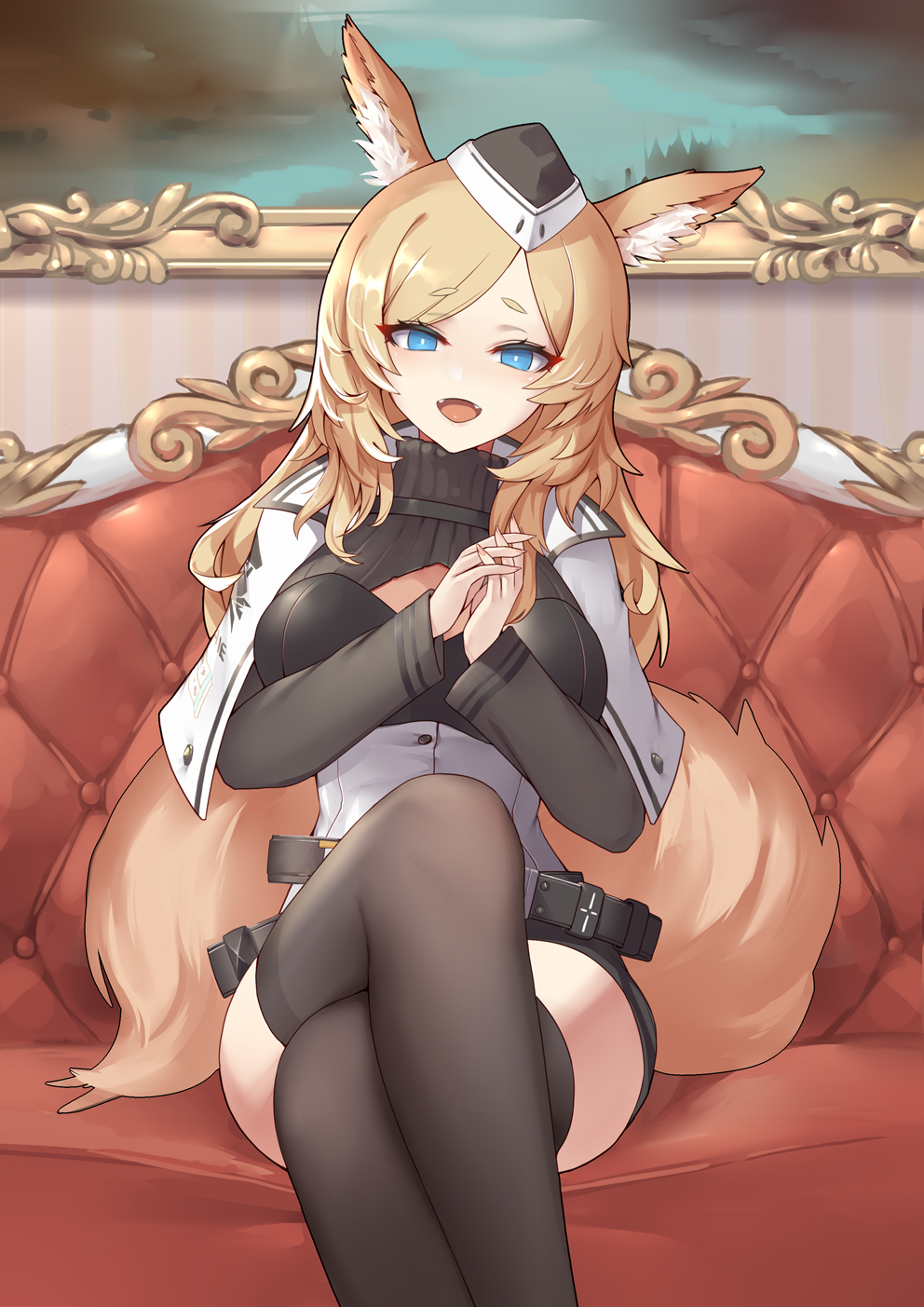 1girl :d animal_ears arknights belt black_headwear black_legwear blonde_hair blue_eyes blush breasts bright_pupils capelet cleavage_cutout clothing_cutout corset couch crossed_legs eyebrows_visible_through_hair fangs highres horse_ears horse_girl horse_tail indoors large_breasts liu_lan long_hair long_sleeves looking_at_viewer on_couch open_mouth own_hands_together painting_(object) sitting smile solo tail thigh-highs whislash_(arknights) white_capelet