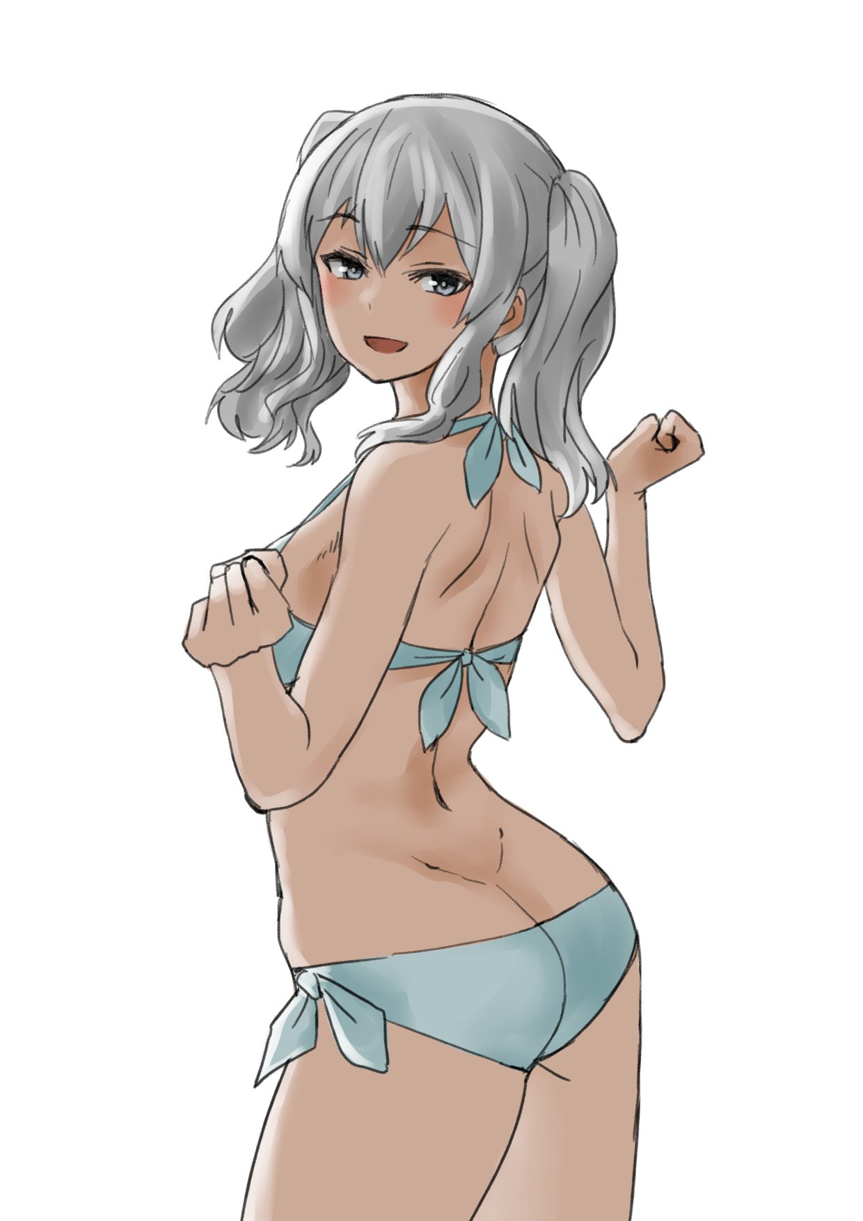 1girl 30-06 ass bikini blue_eyes butt_crack contrapposto cowboy_shot from_behind highres kantai_collection kashima_(kancolle) long_hair looking_at_viewer looking_back silver_hair simple_background smile solo swimsuit wavy_hair white_background white_bikini