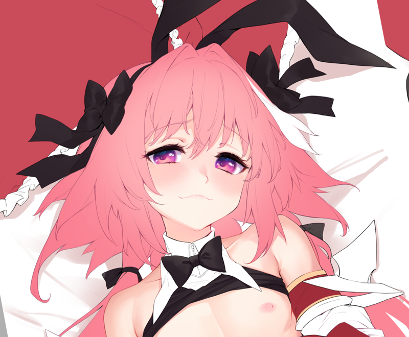 1boy astolfo_(fate) astolfo_(saber)_(fate) bare_chest black_bow black_gloves black_neckwear black_ribbon blush bow bowtie commentary_request crossdressinging detached_sleeves fate/grand_order fate_(series) gloves hair_bow hair_intakes looking_at_viewer low_twintails lying male_focus multicolored_hair navel nipples on_back on_bed otoko_no_ko pillow pink_eyes pink_hair ribbon solo streaked_hair twintails white_hair wing_collar yaguo yes yes-no_pillow