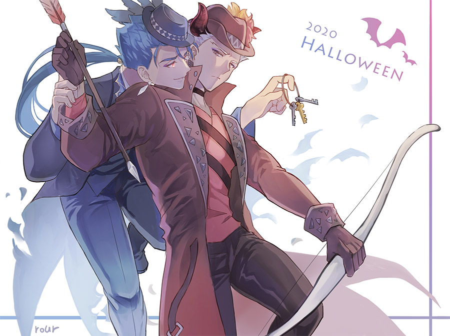 2boys alternate_costume archer arrow_(projectile) blue_hair bow_(weapon) brown_eyes chest_harness cu_chulainn_(fate)_(all) dark_skin dark_skinned_male demon_horns earrings english_text fate/stay_night fate_(series) feet_out_of_frame halloween halloween_costume happy_halloween harness head_on_another's_shoulder horns jewelry key lancer long_sleeves male_focus multiple_boys ponytail red_eyes red_headwear ro_(pixiv34009774) weapon white_hair