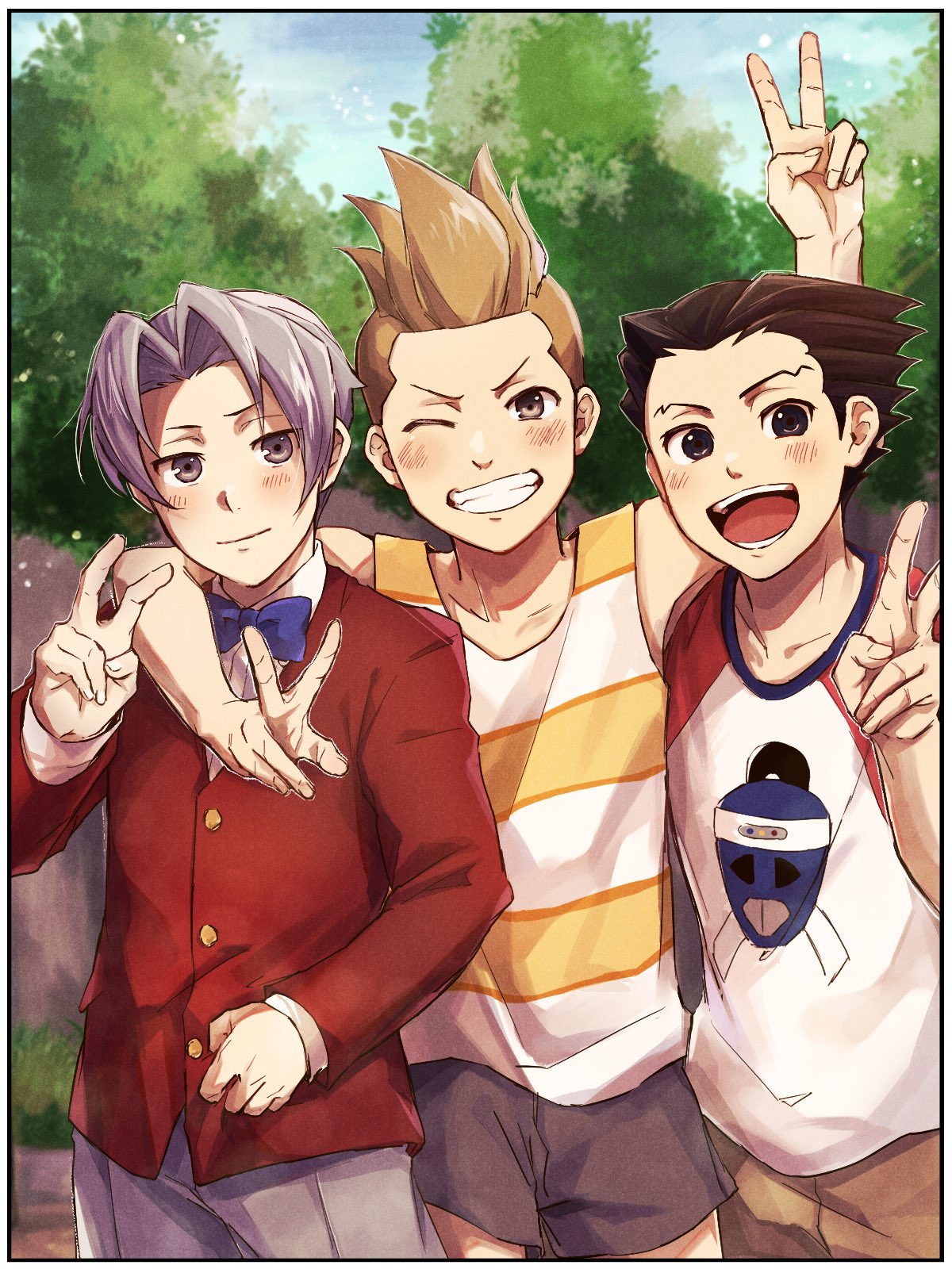 3boys ace_attorney aged_down black_hair blonde_hair brown_eyes closed_mouth day double_v grey_eyes grey_hair grin highres jacket larry_butz long_sleeves looking_at_viewer male_focus miles_edgeworth multiple_boys one_eye_closed open_mouth outdoors phoenix_wright print_shirt red_jacket shirt short_hair shorts sky smile steel_samurai striped v yokko_(yyyo_sb)