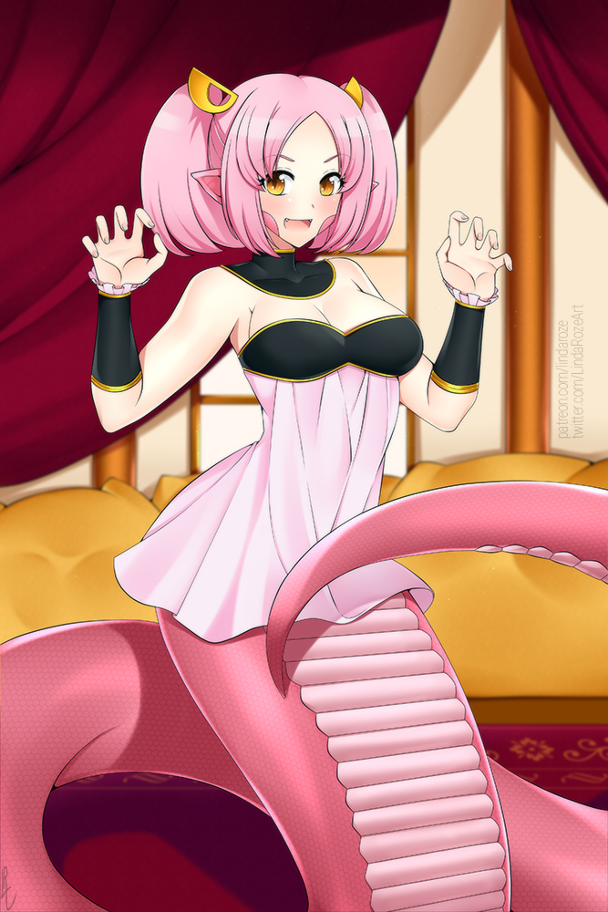 1girl :d bangs bare_shoulders bracer claw_pose commission detached_collar dress english_commentary fangs hair_ornament hairclip lamia lindaroze looking_at_viewer maru_(monster_musume) monster_girl monster_musume_no_iru_nichijou open_mouth parted_bangs pink_dress pink_hair pointy_ears scales slit_pupils smile solo tail twintails yellow_eyes