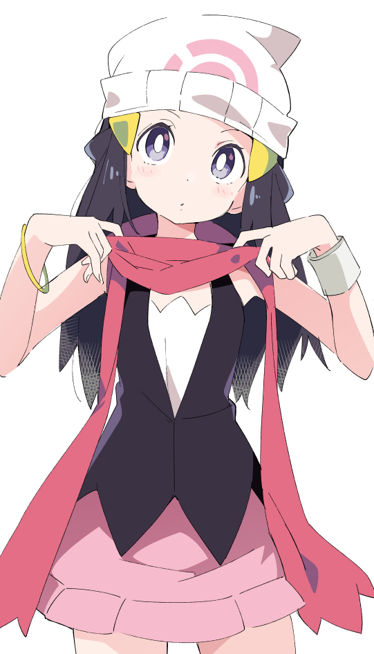 1girl beanie blue_eyes blue_hair bracelet closed_mouth hikari_(pokemon) hat ixy jewelry long_hair looking_at_viewer pink_skirt pokemon pokemon_(game) pokemon_dppt red_scarf scarf simple_background skirt sleeveless solo white_background white_headwear