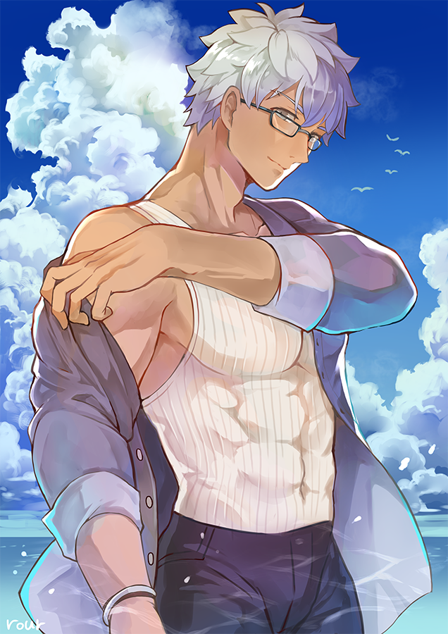 1boy alternate_costume archer beach brown_eyes casual chest covered_abs covered_navel dark_skin dark_skinned_male fate/grand_order fate/stay_night fate_(series) glasses jacket looking_at_viewer male_focus muscle open_clothes open_jacket ro_(pixiv34009774) short_hair solo summer summer_casual_(fate/grand_order) tank_top undressing upper_body white_hair white_tank_top