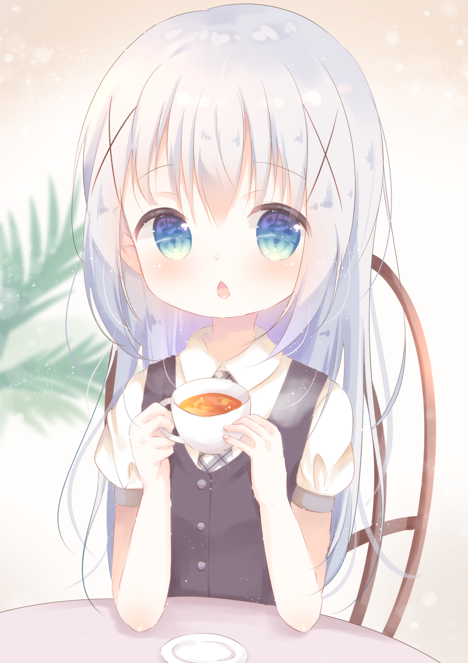 1girl bangs black_tea black_vest blue_eyes blurry blurry_background blush chair chestnut_mouth collared_shirt commentary_request cup depth_of_field elbows_on_table eyebrows_visible_through_hair gochuumon_wa_usagi_desu_ka? hair_between_eyes hair_ornament hands_up highres holding holding_cup kafuu_chino long_hair necktie open_mouth plaid_neckwear puffy_short_sleeves puffy_sleeves rin_(fuwarin) saucer school_uniform shirt short_sleeves silver_hair sitting solo table tea teacup tedeza_rize's_school_uniform upper_body very_long_hair vest white_shirt x_hair_ornament
