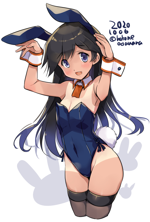 1girl adapted_costume animal_ears black_hair black_legwear blue_eyes blue_leotard bunny_pose bunny_tail cowboy_shot cropped_legs dated detached_collar i-400_(kantai_collection) kantai_collection leotard looking_at_viewer odawara_hakone one-piece_tan orange_neckwear playboy_bunny rabbit_ears simple_background solo strapless strapless_leotard tail tan tanline thigh-highs twitter_username white_background wrist_cuffs