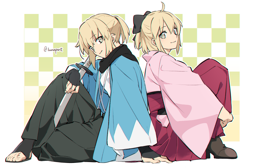 1girl ahoge bridal_gauntlets checkered checkered_background dual_persona fate/grand_order fate_(series) hakama_pants hakama_skirt haori japanese_clothes katana leg_hug lunapont okita_souji_(fate) okita_souji_(fate)_(all) ponytail scarf sheath sheathed sitting smile sword twitter_username weapon wide_sleeves