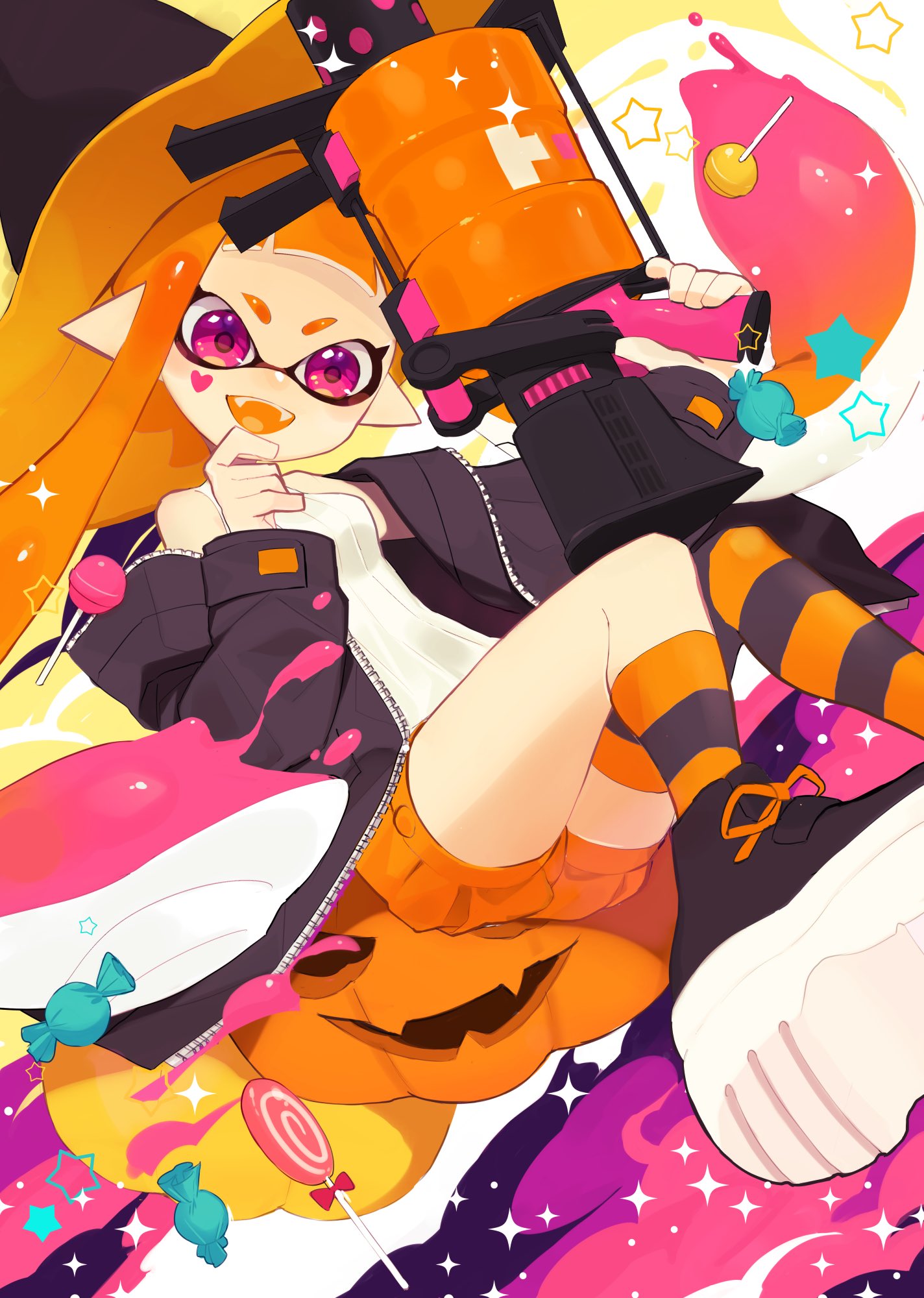 .52_gal_(splatoon) 1girl asymmetrical_legwear bangs black_footwear black_headwear black_jacket blunt_bangs candy chin_grab commentary domino_mask english_commentary facial_mark fangs floating food halloween halloween_costume halterneck hat heart highres holding holding_weapon inkling jack-o'-lantern jacket lollipop long_hair looking_at_viewer mask nomu off_shoulder open_clothes open_jacket open_mouth orange_hair orange_headwear orange_legwear orange_shorts orange_tongue paint_splatter pink_eyes pointy_ears pumpkin_pants ribbed_shirt shirt shoes short_shorts shorts sleeveless sleeveless_shirt smile socks solo sparkle splatoon_(series) star_(symbol) striped striped_legwear tentacle_hair thigh-highs two-sided_fabric two-sided_headwear v-shaped_eyebrows weapon white_shirt witch_hat zipper