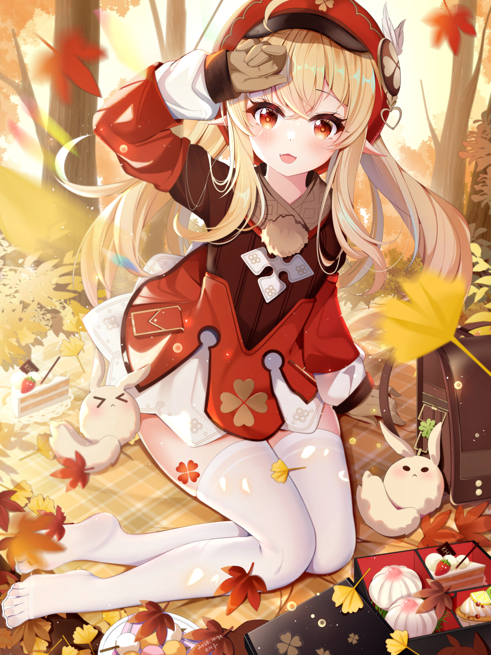 &gt;_&lt; 1girl :d ahoge arm_support arm_up autumn autumn_leaves backpack bag blanket blonde_hair blurry blurry_foreground brown_gloves cabbie_hat commentary_request depth_of_field dress food fruit full_body genshin_impact ginkgo_leaf gloves hat highres klee_(genshin_impact) leaf long_hair long_sleeves looking_at_viewer low_twintails maple_leaf miaoguujuun_qvq no_shoes open_mouth pointy_ears red_dress red_headwear revision sidelocks sleeves_past_wrists smile soles solo strawberry thigh-highs tree twintails very_long_hair white_legwear
