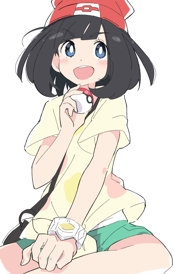 1girl :d beanie black_hair blue_eyes blush_stickers eyebrows_visible_through_hair green_shorts hat holding holding_poke_ball ixy open_mouth poke_ball poke_ball_(basic) pokemon pokemon_(game) pokemon_sm red_headwear selene_(pokemon) shirt short_hair short_sleeves shorts simple_background smile solo tied_shirt upper_teeth white_background yellow_shirt z-ring
