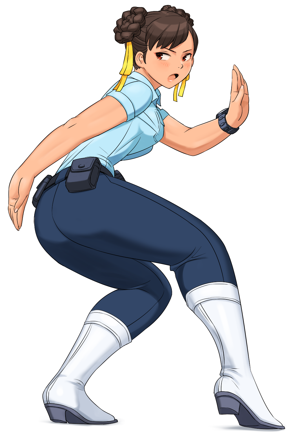 1girl ass belt_pouch blue_shirt boots breasts brown_eyes brown_hair chun-li denim double_bun fighting_stance flat_ass hair_ribbon highres jeans medium_breasts official_alternate_costume open_mouth pants police police_uniform policewoman pouch ribbon shigenobu shirt short_sleeves solo street_fighter street_fighter_v uniform watch watch white_footwear