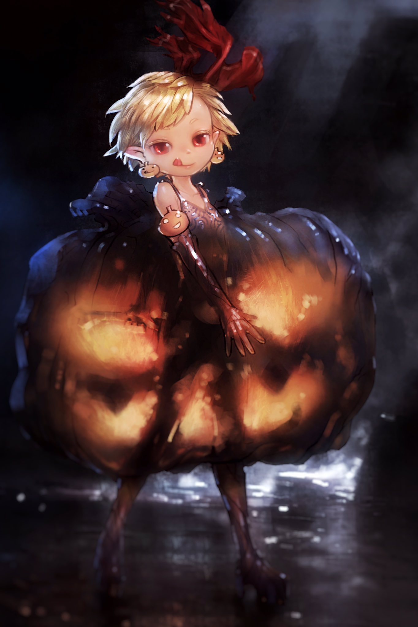 1girl bare_shoulders black_background black_dress black_footwear black_gloves blonde_hair bone closed_mouth commentary_request dress earrings food_themed_earrings full_body gloves hair_ribbon highres holding jack-o'-lantern jewelry licking_lips looking_at_viewer pointy_ears pumpkin_costume pumpkin_earrings red_eyes red_ribbon revision ribbon rumia see-through see-through_silhouette short_hair solo standing tongue tongue_out touhou yst