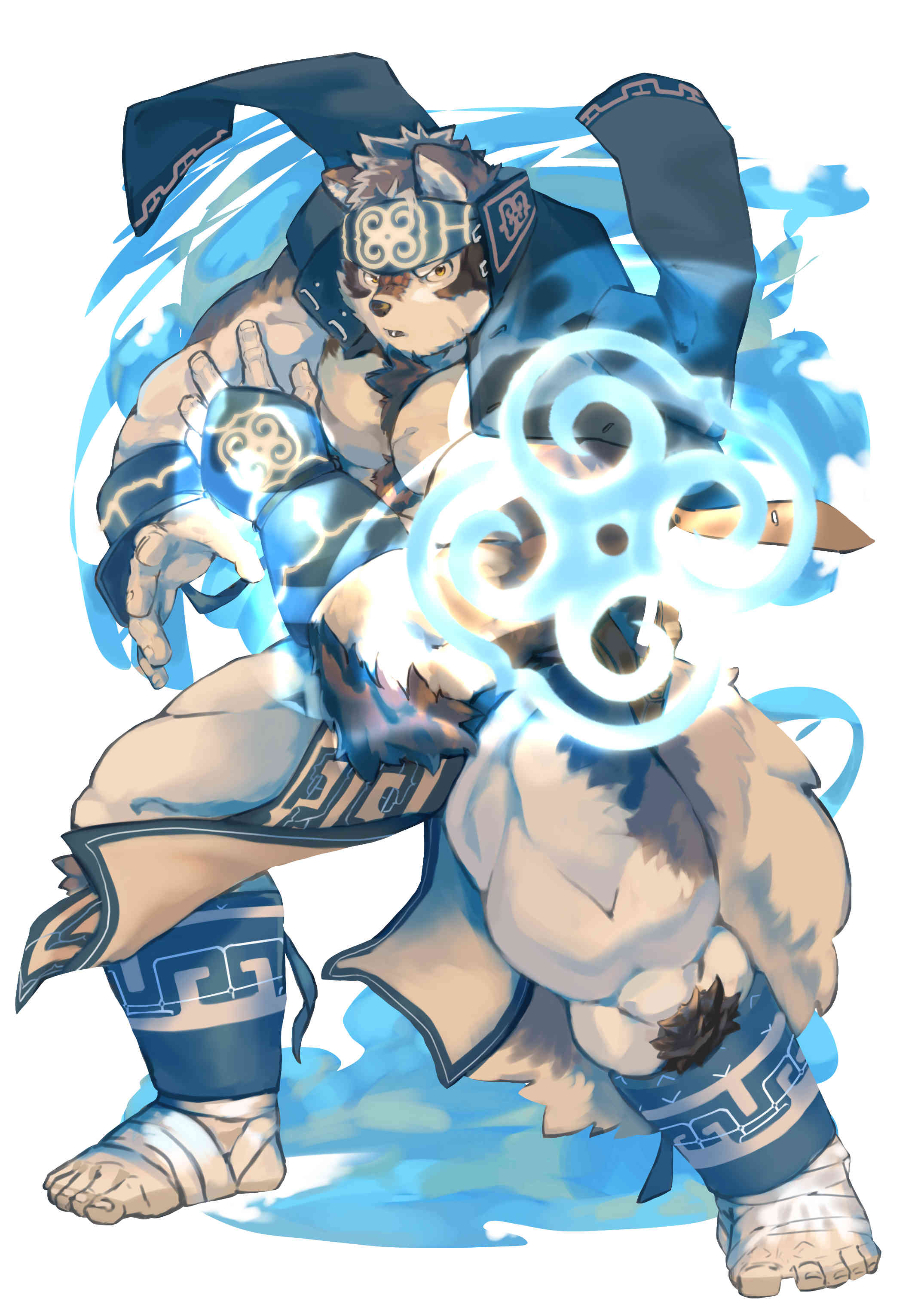 1boy :o absurdres animal_ears bara bare_chest chest chest_hair fighting_stance full_body furry grey_fur grey_hair headband highres horkeu_kamui_(tokyo_houkago_summoners) jacket jacket_on_shoulders male_focus multicolored_hair muscle pelvic_curtain revealing_clothes short_hair silver_hair solo tail thick_thighs thighs tokyo_houkago_summoners two-tone_fur vambraces white_fur wolf_boy wolf_ears wolf_tail yellow_eyes zuoyu4