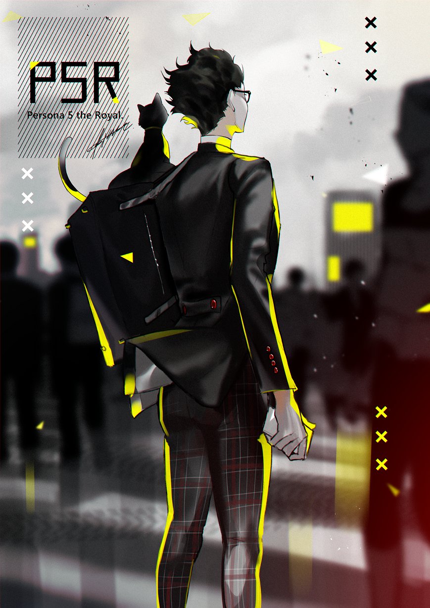 1boy amamiya_ren animal_on_shoulder bag bangs black_cat black_hair black_jacket btmr_game cat cellphone copyright_name crosswalk from_behind glasses highres holding holding_phone jacket male_focus morgana_(persona_5) outdoors pants persona persona_5 persona_5_the_royal phone plaid plaid_pants school_bag school_uniform shuujin_academy_uniform signature smartphone