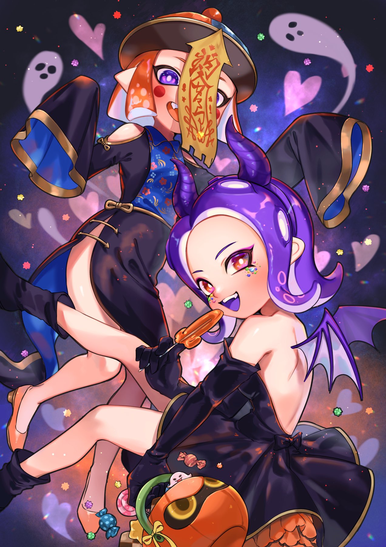 2girls bat_wings black_dress black_footwear black_gloves black_headwear blunt_ends boots candy chinese_clothes clothing_cutout commentary demon_horns domino_mask dress english_commentary fake_horns fang floating food freckles ghost gloves halloween halloween_basket halloween_costume hat heart high_heels highres holding holding_candy holding_food holding_lollipop horns inkling jiangshi konpeitou lollipop long_dress looking_at_viewer makeup mascara mask medium_hair multiple_girls octoling ofuda open_mouth orange_footwear orange_hair orange_tongue outstretched_arms purple_hair purple_horns purple_tongue qing_guanmao red_eyes short_dress short_hair shoulder_cutout side_slit sleeves_past_fingers sleeves_past_wrists smile suction_cups tentacle_hair violet_eyes wings yamagishi_chihiro zombie_pose