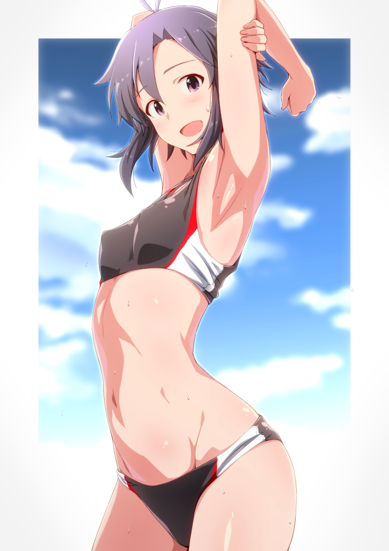 1girl arm_up armpits blue_sky breasts clouds commentary_request day idolmaster idolmaster_(classic) kikuchi_makoto long_hair looking_at_viewer midriff navel open_mouth purple_hair revision short_hair sky small_breasts solo sports_bra sportswear sweat tengu_(tetuo_kun)