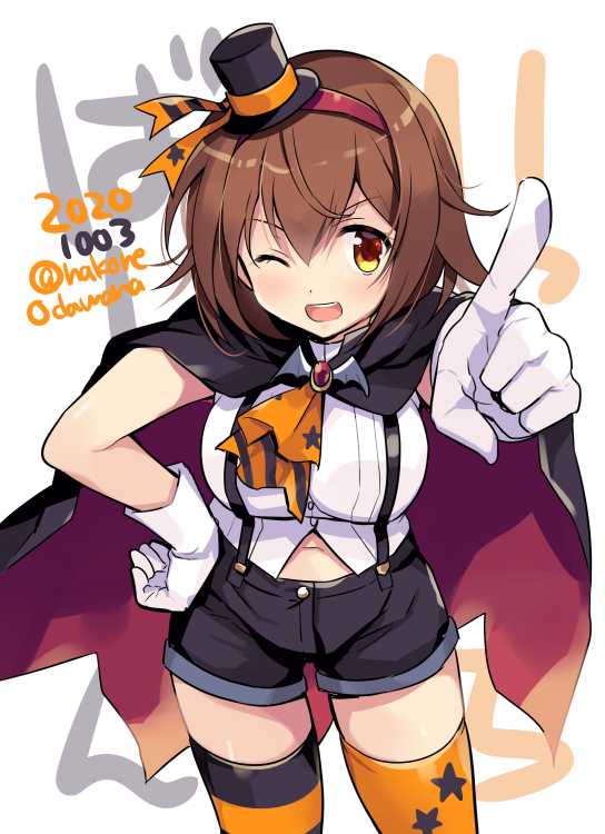 1girl bangs black_headwear black_shorts blush breasts brown_eyes brown_hair buttons cape cowboy_shot dated eyebrows_visible_through_hair gloves hair_between_eyes halloween halloween_costume hand_on_hip hat index_finger_raised kantai_collection large_breasts looking_at_viewer mini_hat navel odawara_hakone one_eye_closed open_mouth shiratsuyu_(kantai_collection) shirt short_hair shorts simple_background smile solo thigh-highs twitter_username white_background white_gloves white_shirt