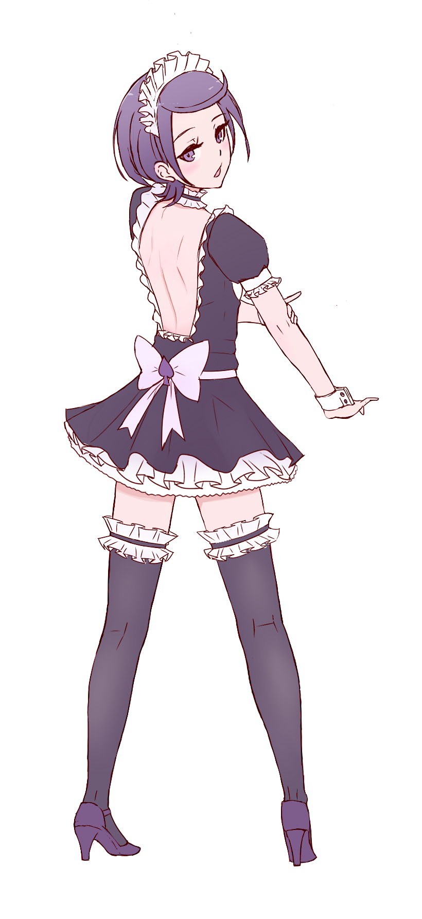 1girl alternate_costume back_bow backless_dress backless_outfit bangs black_legwear bow dokidoki!_precure dress enmaided frilled_dress frills from_above full_body garters grey_background half-closed_eyes high_heels highres kenzaki_makoto layered_dress looking_at_viewer looking_back maid maid_headdress open_mouth precure pumps purple_footwear purple_hair shiny shiny_hair short_dress short_hair shoulder_blades simple_background solo swept_bangs thighs unpale violet_eyes white_bow wrist_cuffs