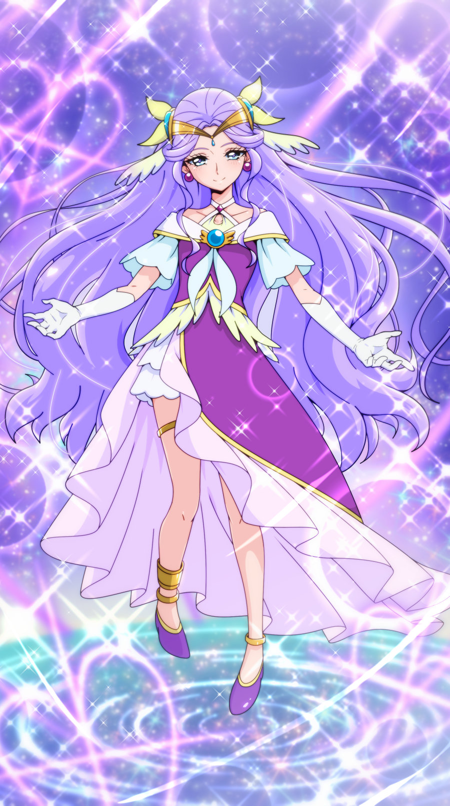 1girl anklet bangs blue_eyes circlet closed_mouth collarbone criss-cross_halter cure_earth dress elbow_gloves full_body gloves halterneck healin'_good_precure highres jewelry layered_skirt long_hair looking_at_viewer miniskirt parted_bangs precure pumps purple_dress purple_footwear purple_hair shiny shiny_hair skirt skirt_under_dress smile solo thighlet tj-type1 very_long_hair white_gloves white_skirt