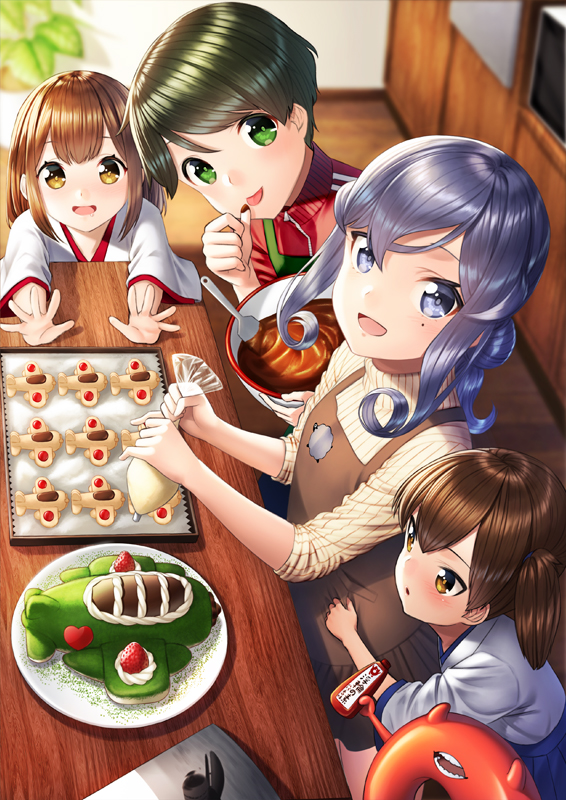 4girls :d :p akagi_(kantai_collection) apron bangs blue_eyes blue_hair blush bowl brown_apron brown_eyes brown_hair cake chocolate commentary_request day enemy_lifebuoy_(kantai_collection) eyebrows_visible_through_hair food gotland_(kantai_collection) green_apron green_eyes green_hair hair_between_eyes hair_bun icing indoors jacket japanese_clothes kaga_(kantai_collection) kantai_collection kitchen long_hair long_sleeves looking_at_viewer mogami_(kantai_collection) mole mole_under_eye multiple_girls open_mouth pastry_bag plant potted_plant red_jacket ribbed_sweater short_hair side_ponytail sleeves_rolled_up smile spatula sweater swept_bangs table tongue tongue_out track_jacket turtleneck turtleneck_sweater unowen younger