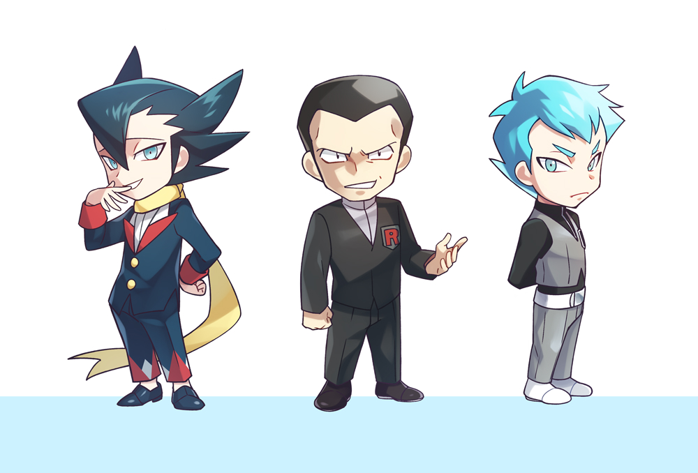 3boys archer_(pokemon) arms_behind_back bangs belt black_pants buttons chibi commentary_request elite_four giovanni_(pokemon) grey_pants grey_vest grimsley_(pokemon) hair_between_eyes hand_on_hip hand_up jacket lobolobo2010 long_sleeves male_focus multiple_boys pants parted_lips pokemon pokemon_(game) pokemon_bw pokemon_frlg pokemon_lgpe scarf shoes short_hair smile standing team_rocket vest white_footwear yellow_scarf