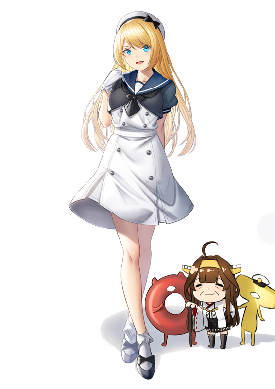 2girls :d abyssal_ship bare_shoulders black_skirt blonde_hair blue_eyes blue_sailor_collar breasts brown_hair collarbone commentary_request detached_sleeves dress enemy_lifebuoy_(kantai_collection) gloves hairband hat headgear japanese_clothes jervis_(kantai_collection) kantai_collection kongou_(kantai_collection) large_breasts long_hair multiple_girls nontraditional_miko older open_mouth pleated_skirt remodel_(kantai_collection) sailor_collar sailor_hat short_sleeves skirt smile t-head_admiral unowen white_background white_dress white_gloves white_headwear