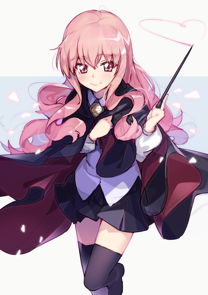 1girl azumi_akitake black_legwear black_skirt cloak commentary_request grey_background long_hair long_sleeves looking_at_viewer louise_francoise_le_blanc_de_la_valliere pink_eyes pink_hair pleated_skirt skirt smile solo standing standing_on_one_leg thigh-highs wand zero_no_tsukaima zettai_ryouiki
